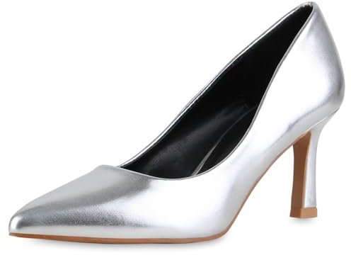 VAN HILL Damen Spitze Pumps Stiletto Lack Klassisch Schuhe 216478 Silber 38