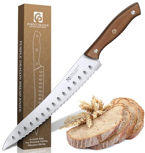 Purple Dragon cuchillo para pan hoja dentada, mango de madera ergonómico, acero alemán al carbono, pan casero pasteles