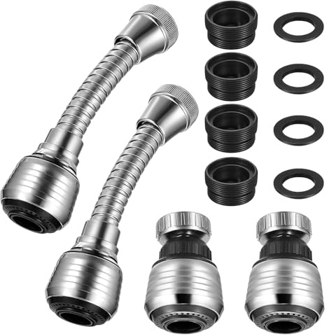 2 Longues + 2 Courtes Rallonges de Robinet, 360° Rotatif Embout Bec avec 4 Joints & 4 Adaptateurs, Robinet Cuisine Accessoire pour Évier Cuisine, Salle de Bain Lavabo, Mitigeur Douchette Pulvérisateur