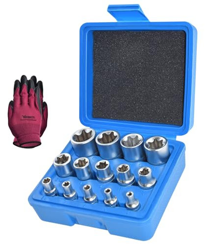 Yuesstloo E-Torx - Juego de llaves de vaso hembra E-Torx Star de 14 piezas, 1/10.2 cm 3/20.3 cm 1/5.1 cm, E4 a E24, juego de enchufes E de par externo E4 a E24, kit de 14 piezas de enchufe de estrella