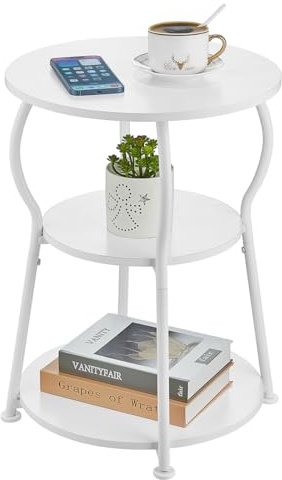 ZEXVIDA Runder Beistelltisch, 3-Stufiger Vintage Couchtisch Klein mit Robustem Metallrahmen, Nachttisch Kleiner Tisch Runder Sofatisch für Wohnzimmer Schlafzimmer Balkon 40 * 40 * 55CM (Weiße)