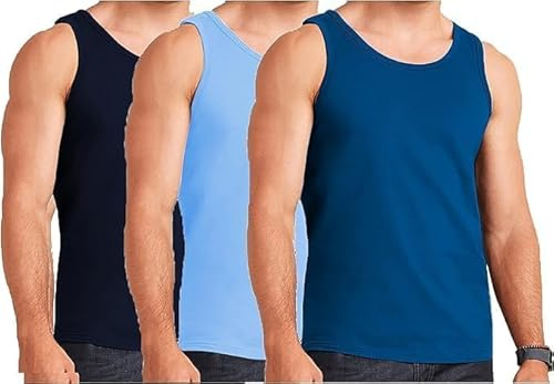 COSHAL® 3 Vest Men's Cotton Vest 100% Cotton Tank Tops Sleeveless Shirt Athletic Wear Slim Fit Vest's for Running Cycling Gym Men’s Plain Vests Mixed Blue (Navy-Royal-Sky) M