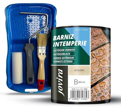 JOVIRA PINTURAS Barniz Intemperie al agua, Brillante y Kit con Minicubeta, Rodillo de Espuma, Varilla y Paletina. (750 Millilitros, Brillante + Kit Barniz) H-30