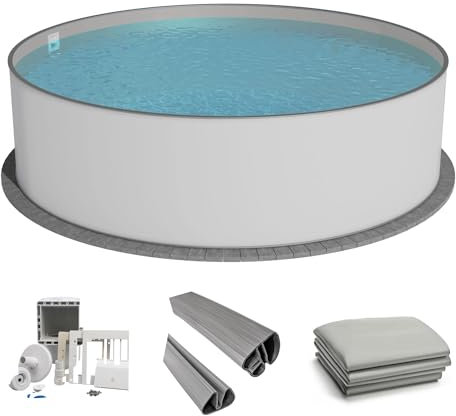 Fresh-Pool Profi Stahlwandpool Set rund, 350x120 cm, Stahl 0,6 mm weiß, Folie 0,8 mm grau, Einhängebiese