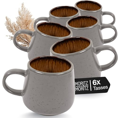 Moritz & Moritz SOLID Set med 6 koppar, grå/beige, set av robust stengods – 400 ml volym, diskmaskins- och mikrovågsugnssäker, perfekt för kaffe, te och mer