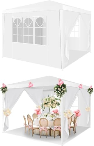 HOTEEL Pavillon 3x3 mit Fenstern & abnehmbaren Seitenwänden, Gartenpavillon 3x3 UV-Schutz für Garten Partyzelt Hochzeit kommerzielle Aktivitäten, inkl. Heringe, weiß Upgrade 3.0