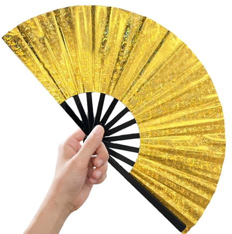 Nujvnuj 30cm Holografischer Party Fächer - Glitzer Laser Faltfächer für Festivals, Clubs & Cosplay - Handlicher Rave Fan für Frauen & Männer, Tragbarer Tanzfächer mit Irisierendem Effekt (Gold)