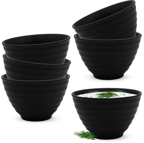Spetebo Keramik Dipschalen schwarz matt geriffelt rund 11 x 7 cm - 6er Set - Dessertschälchen aus Feinkeramik mit Relief - Servierschale Dessert Snack Saucen Dip Schale widerverwendbar
