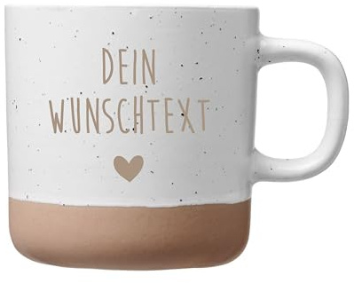 Personalisierte Tasse mit Wunschtext 360 ml Keramiktasse mit Herz Design Weiß Beige zweifarbig gesprenkelt Kaffeetasse personalisiert Geschenk für Freundin, Partner, Familie, Geburtstag, Weihnachten