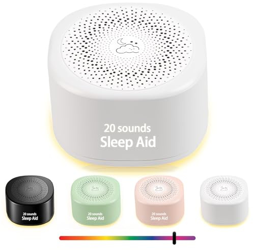 Macchina sonora da viaggio a rumore bianco, 20 suoni, macchina audio portatile per adulti per dormire, mini aiuto per il sonno con volume regolabile, 3 timer, luce notturna colorata, ricaricabile per