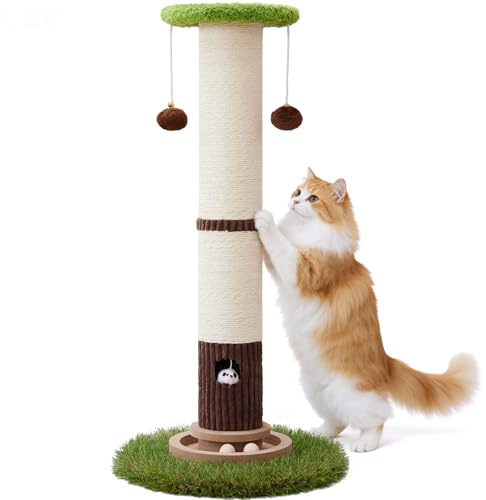 Woochpet 34inches Tall Cat Scratching Post with Cat Ball Track Toy Heavy Duty and Thicker Large Diameter Natural Sisal Cat Scratcher Post for Indoor Cats Protect Your Furniture