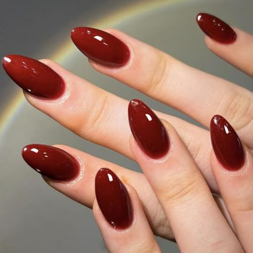 GLAMERMAID Press on Nails Almond Medium 24 PCS, Handmade Jelly Soft Gel Dark Red Glue on Nails Stiletto, Burgundy Emo Fake Nails Short Oval, Reusable Acrylic Stick on False Nails Kit for Women