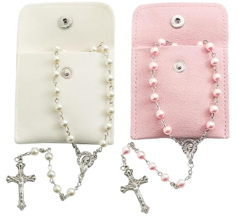 ZKFSIE 2pcs Rosary Beads Catholic Women Set, Necklace with White and Pink, Light Pink and Beige Bags, Meditation, Rosary Beads First Holy Communion, Religious Ceremonies