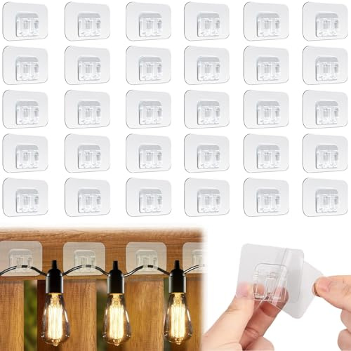 30 PCS Fence Hooks for Outdoor Lights,Heavy Duty Adhesive Hooks with Adhesive Strips,Garden Lights Sticky Hooks for Hanging,Strong Adhesive Garden Decorations Outdoor Sticky Clip for Festival Fence