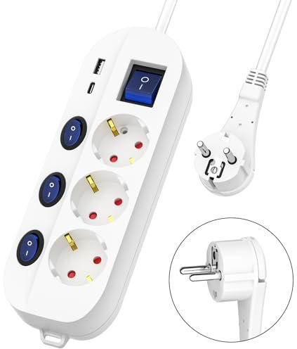 Realmade 4-Fach-Steckdosenleiste für den Hausgebrauch mit Einzelschaltern + Hauptschalter, Kindersicherung und Überlastschutz. Mehrfachsteckdose mit Kabel (weiß). (USB5M)