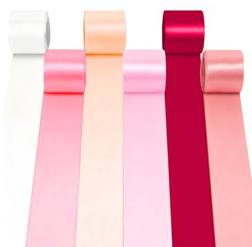 6 rouleaux ruban satiné, Rubans de tissu large 50mm, 10m tissu rubans grand satin en soie, Ruban en tissu d'emballage cadeau, Ruban double côté pour mariage bricolage (Rose)