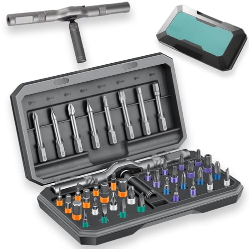 Lichamp 42 in 1 Magnetic Screwdriver Set with Detachable T Handle，DIY Ratchet Screwdriver Set with Storage Case Multi Precision Repair Tool Kit for Furniture Computer Cars Bicycle and DIY Grey