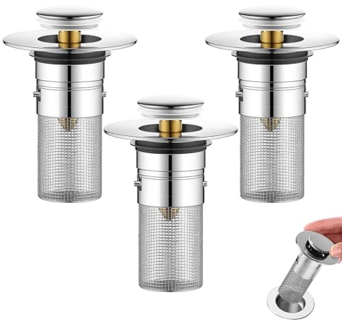 Druuzyl 3 Pezzi Tappo Lavandino Bagno 34-40mm Tappo Lavandino Universale Pop Up con Filtro per Capelli, Filtro di Scarico in Acciaio Inossidabile per Vasca da Bagno, Cucina, Lavabo