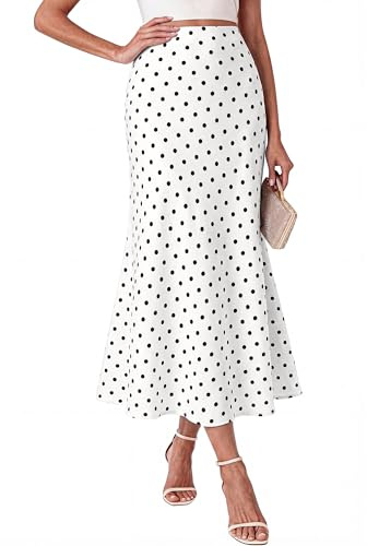 BTFBM Midi Skirts for Women 2026 Summer Spring Lightweight A Line High Waisted Wedding Guest Party Silk Long Skirt(Dot White Black, Large)
