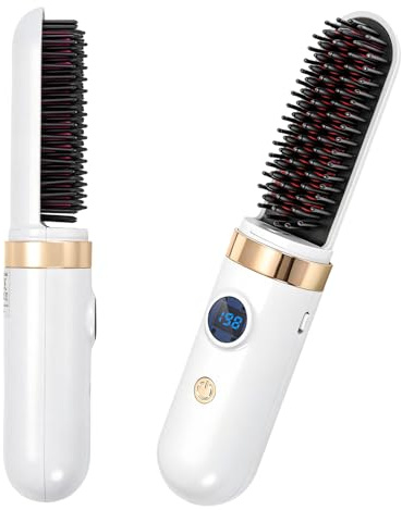 Cordless Hair Straighteners, Go Brush Pro UK, Portable Mini Straightener Brushs for Hairs Styling, Rechargeable Heated Styling Brushes for Travel (White) (White)