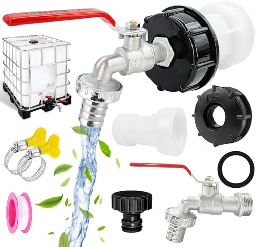 IBC Tank Zubehör Wasserfass IBC Auslaufhahn, 1000 Liter Wassertank Zubehör | IBC Tank Auslaufhahn 3/4 Zoll, Anschluss, IBC Adapter, S60x6 Verlängerung, Schellen, Wassertank IBC Container Wasserhahn