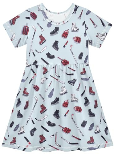 IHCVHQX Girls Short Sleeve Dress Hockey Sticks Gloves and Skates Toddler Summer Sundress Casual Dress 3 Years Multicoloured
