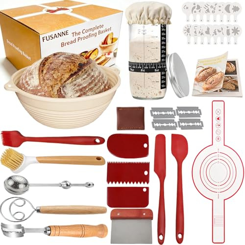 Fusanne Sauerteig Starter Set, Brot backen Zubehör 23 teilig, Gärkorb Brot Rund 23cm, Brotkorb zum Backen, Brotgärkorb mit 650ml Glas, Silikon für Anfänger und Profi Bäcker, BPA frei