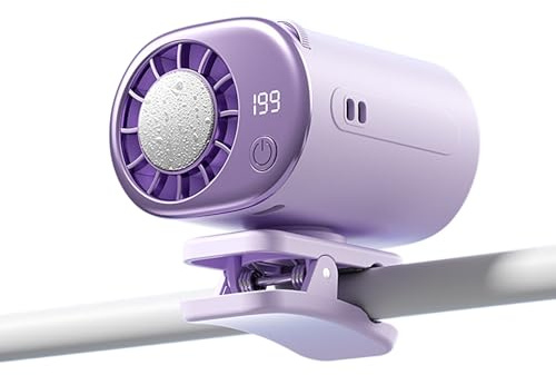 Ventilateur portable à clip, mini rotatif 360°, 199 vitesses, rechargeable USB, faible bruit, écran LED, semi-refroidissement, idéal voiture, bureau, camping (violet)