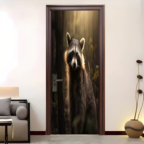 Kinder und Jugendliche Türtapete 85x205 cm Wald Tiere WaschbäR-Motiv Selbstklebend 3D Türaufkleber Wandbild Dunkel TürPoster für Heim Büro Dekoration