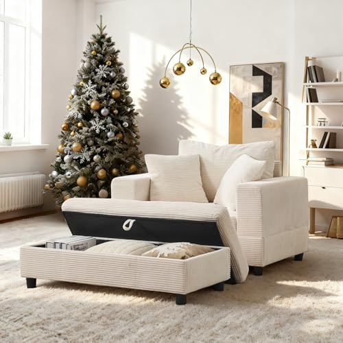 luckdect Canapé 1 Place avec Pouf de Rangement, Canapé Lit 2 en 1, Canapé Lounge avec 3 Coussins pour Petits Salons, Chambre, Beige