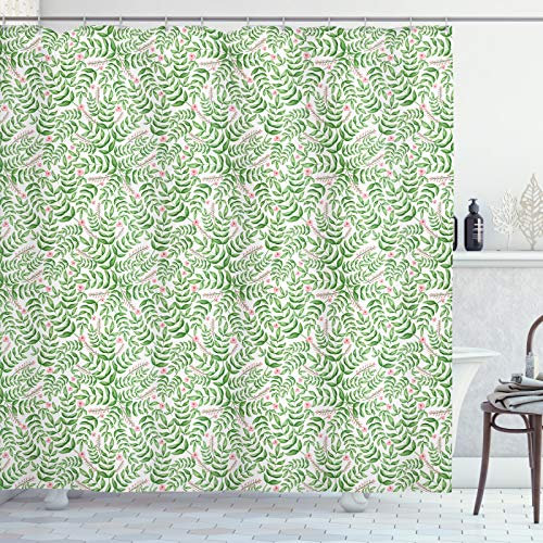 ABAKUHAUS Peony Shower Curtain, Flower Branches Mother Earth Spring Season Gardening Blossom Leaf Theme, Cloth Fabric Bathroom Decor Set with Hooks, 78 Inches, Fern Green Pale Pink