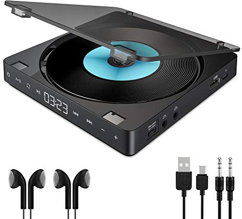 Gueray Tragbarer CD-Player mit Doppel-Kopfhörerbuchsen, integrierter Lithium-Akku mit 1200 mAh, unterstützt Touch-Taste, Memory-Funktion, Anti-Spring-Schutz, Digitalanzeige mit AUX-Kabel