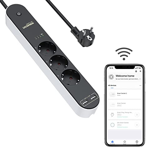 UCOMEN WiFi Regleta Inteligente 3 Tomas y 2 USB, Enchufe Múltiple Inteligente Regleta WiFi compatible con Alexa, control remoto mediante aplicación, cable de 1,5 m, color azul 3680 W