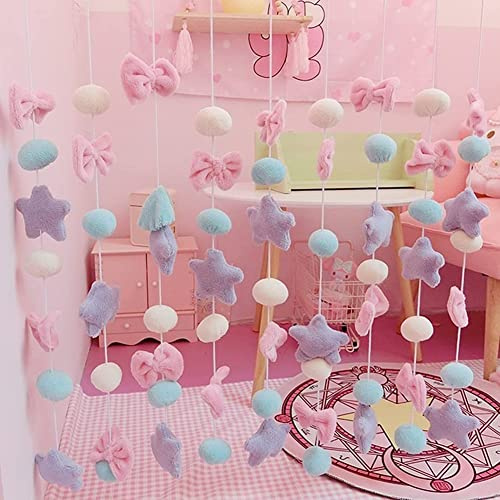 Kawaii Doorway Curtains Girls Bedroom Wall Hanging Decor Cute Fluffy Star Bowknot Pentacle Garland Door Strings Nursery Curtain for Baby Room (Rod Pocket, Purple Star)