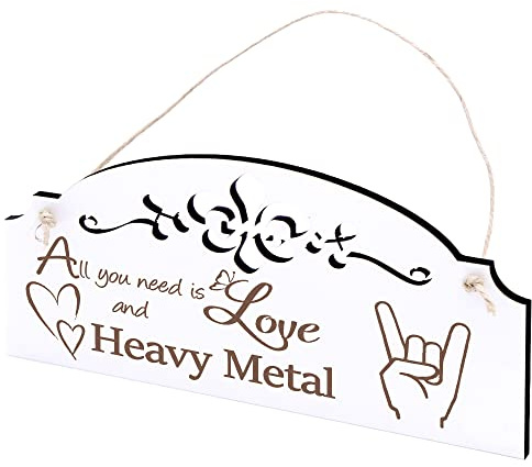 Schild Pommesgabel Deko 20x10cm - All you need is Love and Heavy Metal - Holz Wanddeko Dekoration Wand