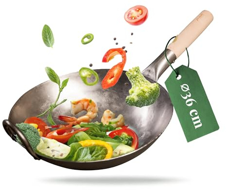 pasoli Wok, handgehämmert, Carbonstahl, 36 cm, induktionsgeeignet | Voreingebrannte Wokpfanne. Traditionelle Asiapfanne für alle Herdarten inkl. Induktion. Mit Holzgriff & gratis eBook.