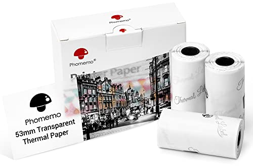 Phomemo 53mm Transparentes Papier Kompatibel für T02/M02/M02S/M02Pro/M03/M03AS/M04S/M04AS/M832/M833/M834/M835 Mini Taschendrucker, 3 Rollen selbstklebendes Thermo-Aufkleberpapier, 53 mm x 3,5 m