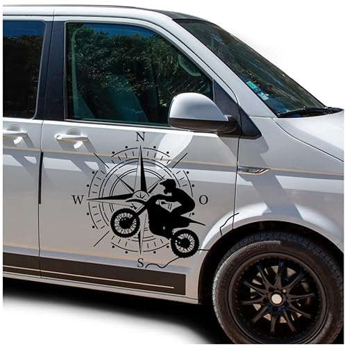 Autoaufkleber Kompass Sport Motocross 74x64cm Windrose Sticker Folie für Auto Wohnwagen Anhänger Aufkleber Selbstklebend Kfz Zubehör KX072 KX073 (Kompass schwarz, Motocross Schwarz)