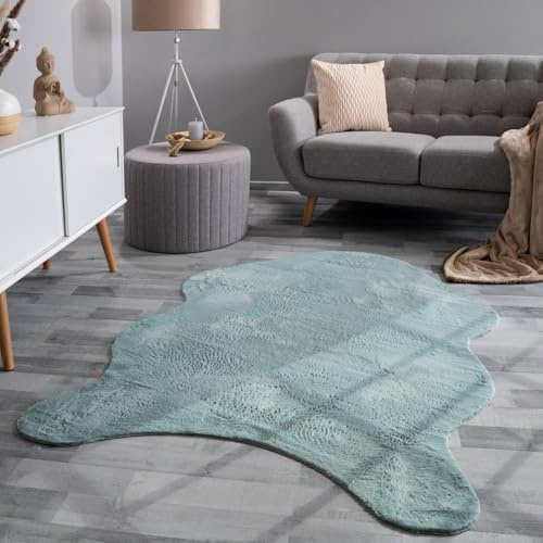 TT Home Wohnzimmer Teppich Unifarben Flauschig Modern Kunstfell Kurzflor, Farbe: Türkis, Größe:120x160 cm Fell-Form