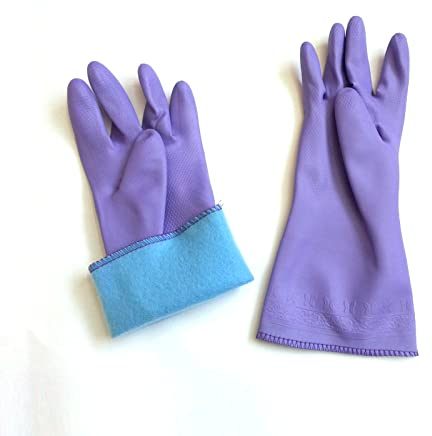 Rubber Gloves, Purple Household Long Sleeve Gloves with Cotton Flock Lining for Cleaning, Dishwashing and Gardening