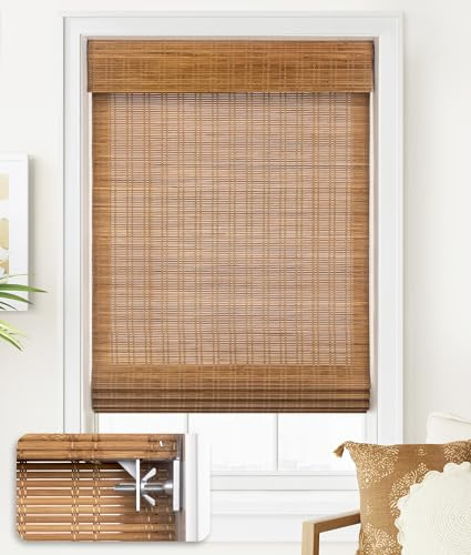 LazBlinds No Tools No Drill Cordless Bamboo Roman Shades, Light Filtering Window Treatment, Roll Up Bamboo Blinds for Window 36'' W x 64'' H, Ceylon Light Russet