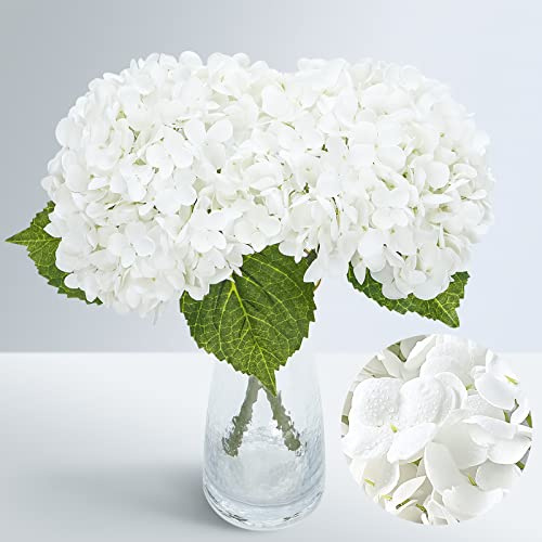 Waipfaru Lot de 2 fleurs d'hortensia artificielles blanches au toucher réaliste avec longue tige et feuilles, en latex pour décoration de maison, fête, arrangements floraux, bouquets de mariage