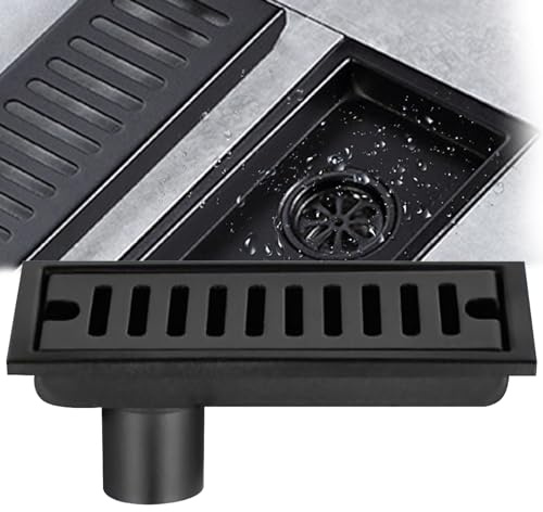 Rettangolo Pavimento Scarico, 20x10cm Nero Acciaio Inox Pavimento Scarico Odor Lock Pavimento Scarico Doccia con Doppio Filtro per WC Bagno Scarico Cucina Balcone