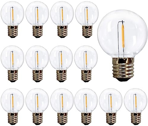 G40 Globe Replacement Bulbs C9/E17 Intermediate Base 1W G40 Shatterproof Waterproof Clear Plastic LED Filament Bulb Warm White 2700K Outdoor String Replacement Light for Yard Garden Patio(15 Pack)