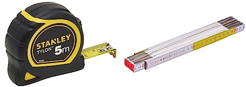 Stanley Bandmass Tylon, 5 m, Tylon-Polymer Schutzschicht & Gliedermaßstab Holz (2 m Länge, weiß-gelb, abrieb-und klimafest, Messinggelenke, UV geschützt) 0-35-458