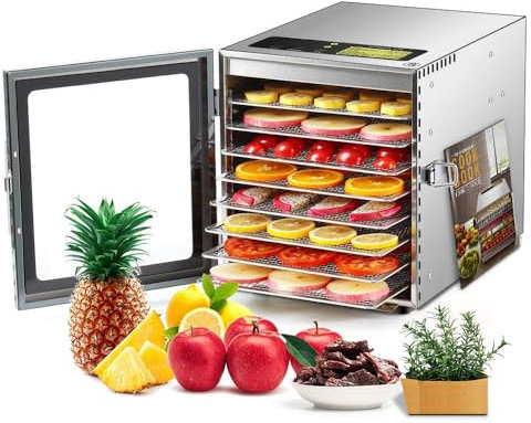 Cercker - Máquina deshidratadora de alimentos, 8 bandejas de acero inoxidable, deshidratador de 500 W para hierbas, deshidratador de cecky para carne, deshidratador de hongos a 190 ºF, deshidratador