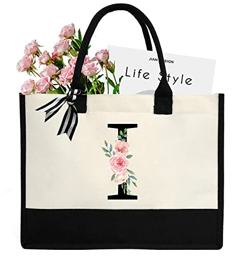 sundee Personalisierte Initial Leinwand Strandtasche, Leinwand Tragetasche mit Innentasche mit Reißverschluss, Monogrammierte Geschenk Tragetasche für Hochzeit, Geburtstag, Urlaub, One Size