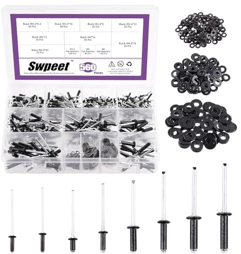 Swpeet 560Pcs Black 3/32 1/8 5/32 3/16 Pop Rivets Assortment Kit with Stainless Steel Backup Washers, Assorted Aluminum Blind Rivets with Divider Labeled Case for Storage