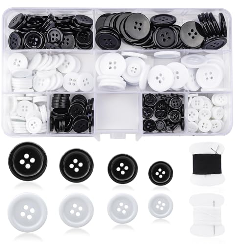 Rybtd Knöpfe Schwarz/Weiß 240 Stück Rund Basis Knopfe, Harzknöpfe mit Vier Ösen, 10/12.5/15/20mm Wäscheknöpfe Set mit Nähgarn set hosenknöpfe