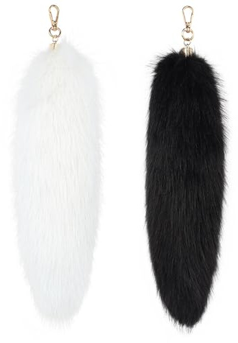 Schwanz-Schlüsselanhänger, 2 Stück Fuchsschwanz Niedlicher Flauschiger Schwanz Schlüsselanhänger Kunstpelz Schwanz mit Verschluss Künstlicher Therianischer Schwanz für Handtasche, Schwarz + Weiß